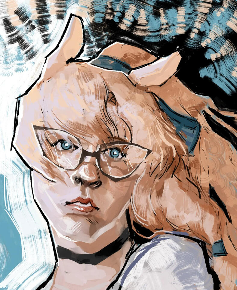 Painterly Disco Elysium style portrait of NiniNeen in glasses