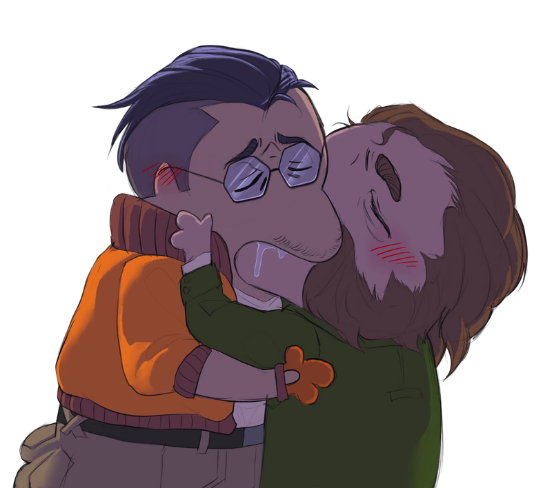 Harry and Kim in a sloppy, blushing hug and kiss, art by Nekronyancer
